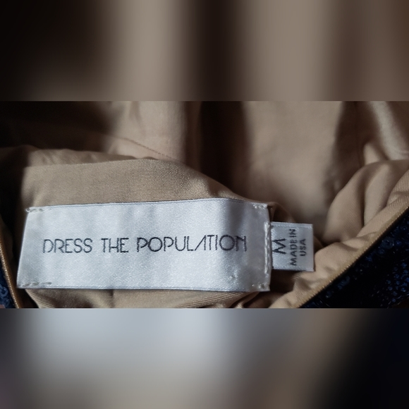 Dress the Population Long Sleeve Sequin Blue & Gold Women's Medium Deep V BACK - Picture 7 of 11